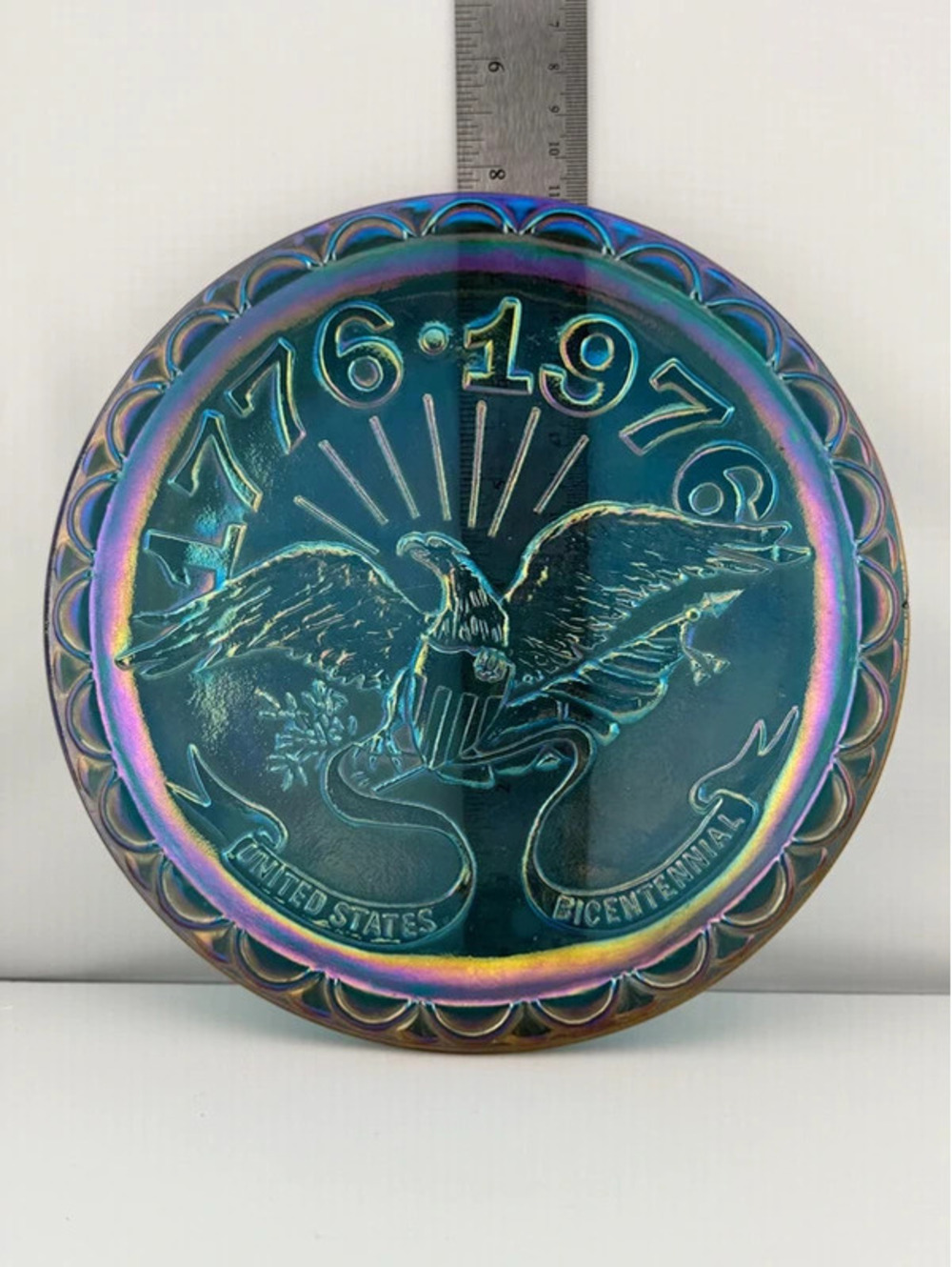Vintage Fenton Blue Carnival Glass Bicentennial Eagle Plate 1776-1976 Iridescent